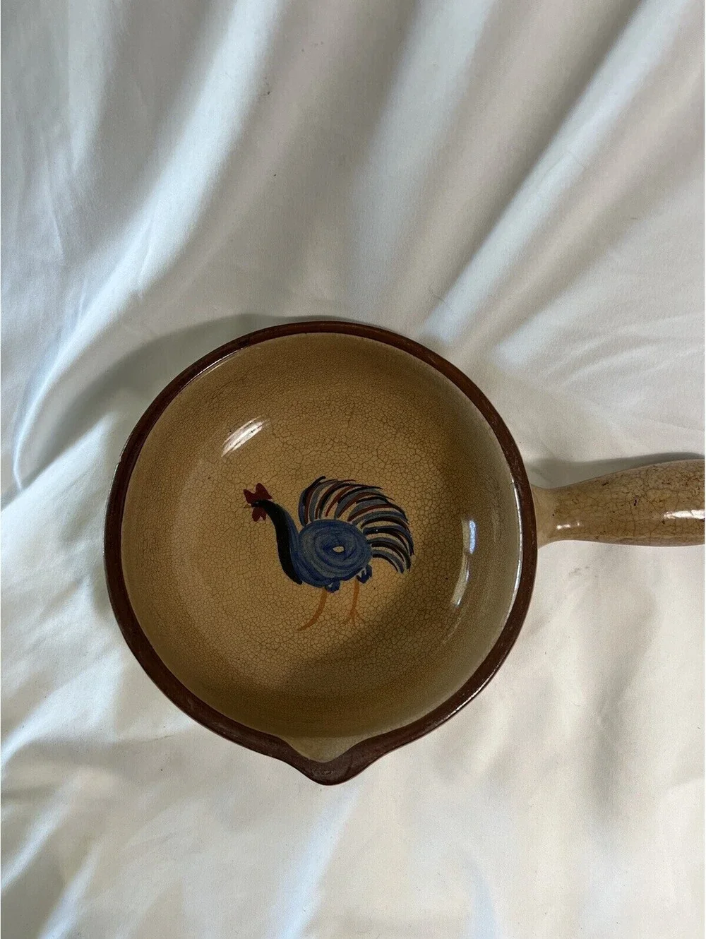 Antique Pottery Lidded  Sauce Pot with Rooster Hand Painted